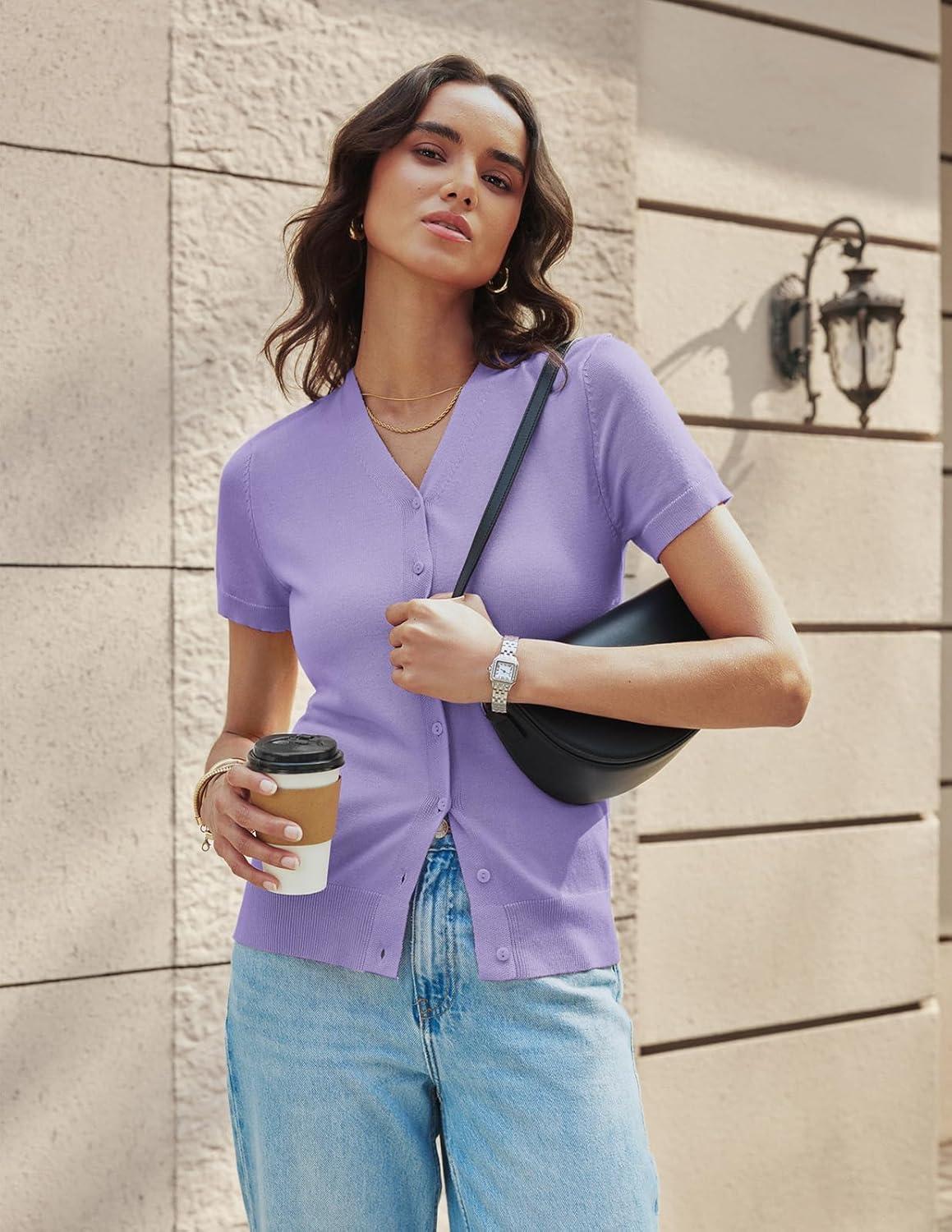 imageGRACE KARIN Womens Short Sleeve Cardigan Sweaters 2026 Summer Lightweight Cropped Cardigan V Neck Casual Clothing TopsLavender Purple