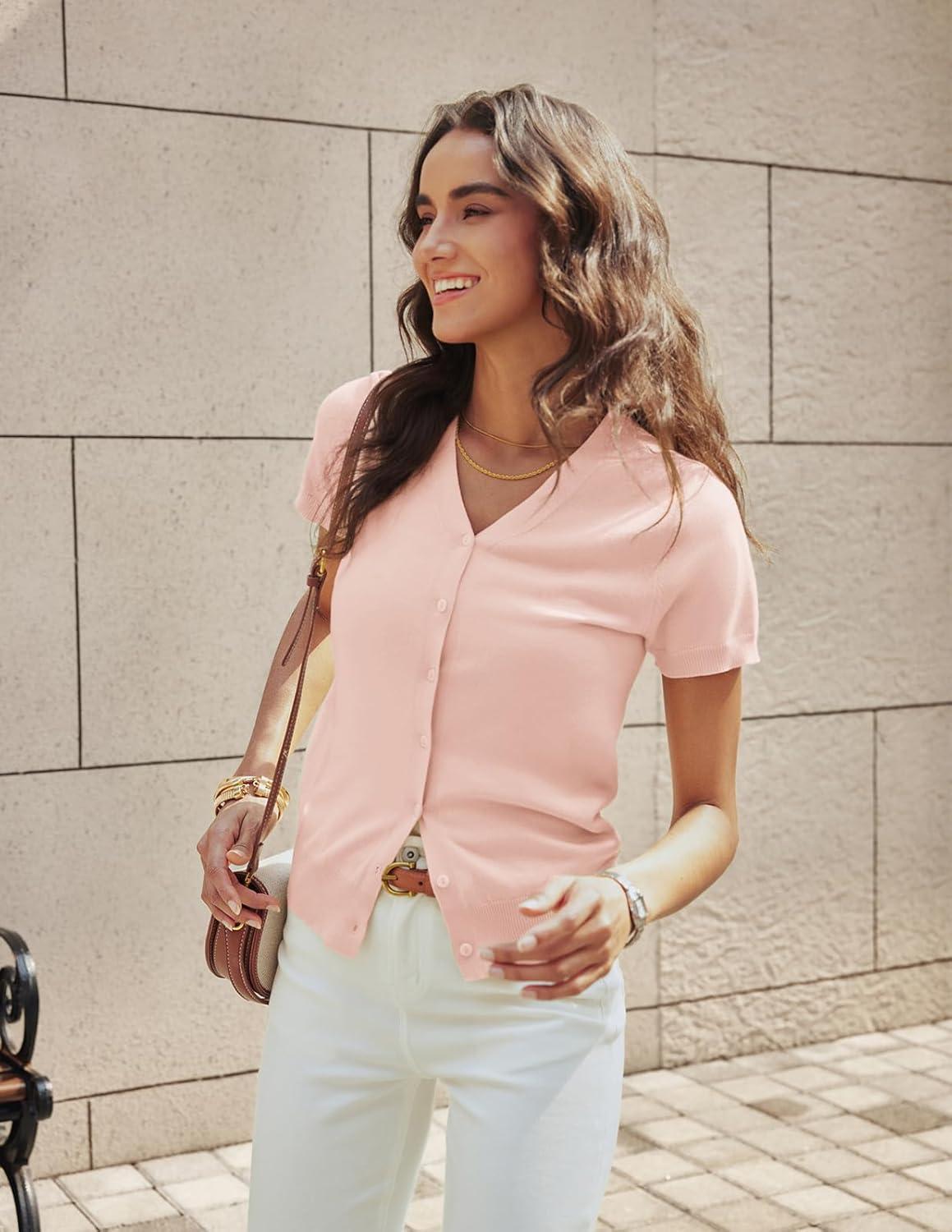 imageGRACE KARIN Womens Short Sleeve Cardigan Sweaters 2026 Summer Lightweight Cropped Cardigan V Neck Casual Clothing TopsOrange Pink