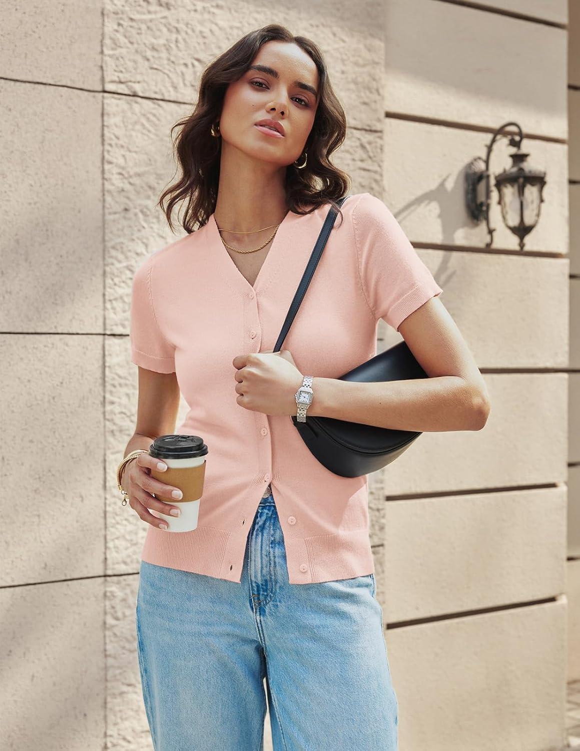 imageGRACE KARIN Womens Short Sleeve Cardigan Sweaters 2026 Summer Lightweight Cropped Cardigan V Neck Casual Clothing TopsOrange Pink