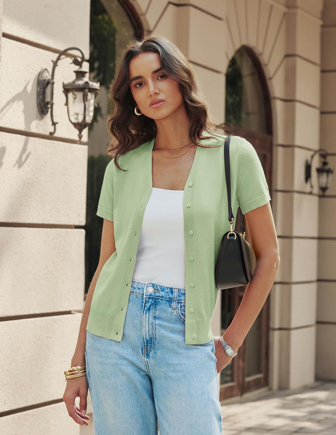 imageGRACE KARIN Womens Short Sleeve Cardigan Sweaters 2026 Summer Lightweight Cropped Cardigan V Neck Casual Clothing TopsSage Green