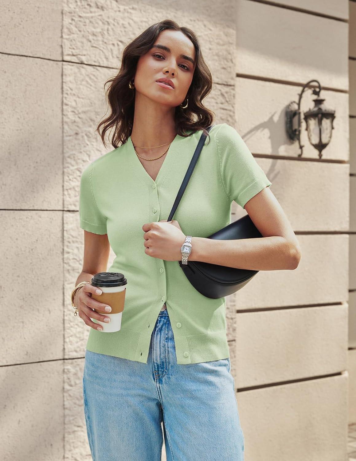 imageGRACE KARIN Womens Short Sleeve Cardigan Sweaters 2026 Summer Lightweight Cropped Cardigan V Neck Casual Clothing TopsSage Green