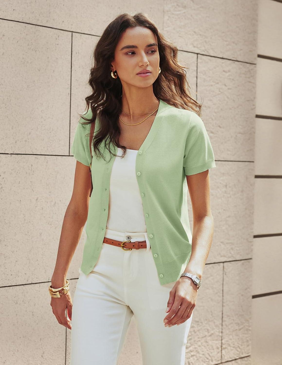 imageGRACE KARIN Womens Short Sleeve Cardigan Sweaters 2026 Summer Lightweight Cropped Cardigan V Neck Casual Clothing TopsSage Green