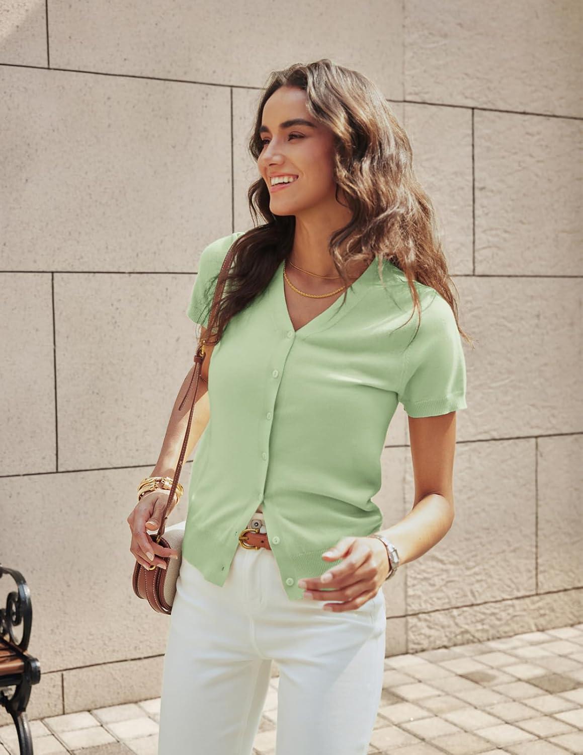 imageGRACE KARIN Womens Short Sleeve Cardigan Sweaters 2026 Summer Lightweight Cropped Cardigan V Neck Casual Clothing TopsSage Green