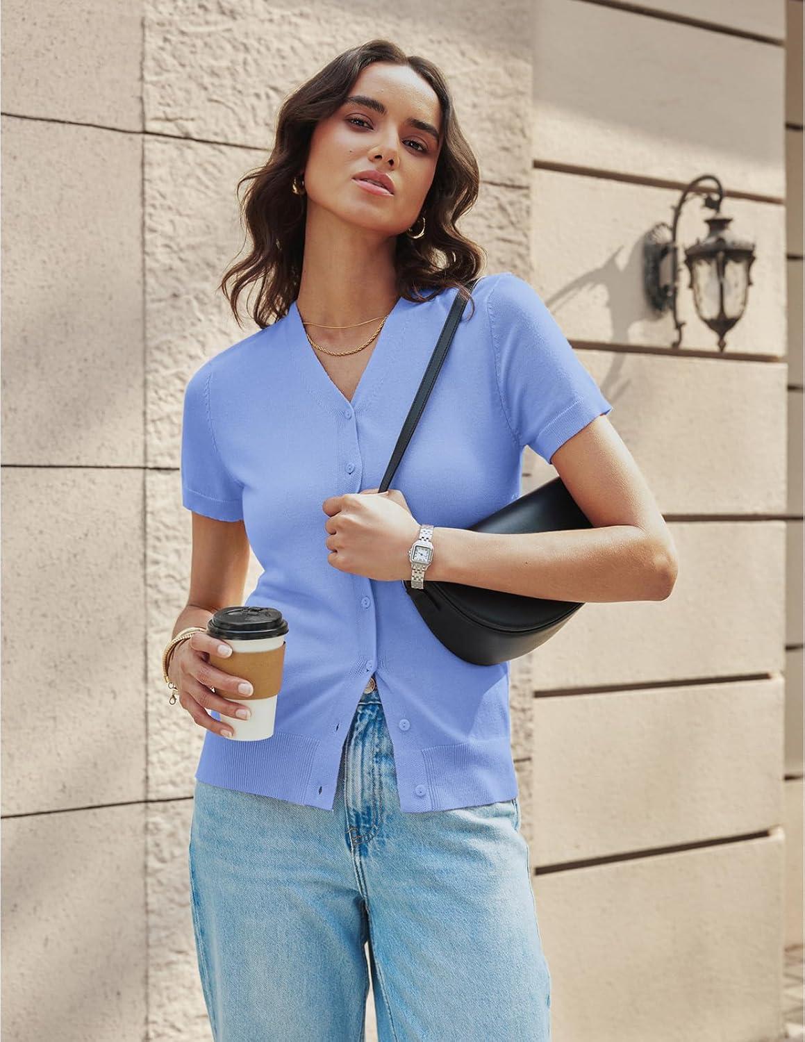 imageGRACE KARIN Womens Short Sleeve Cardigan Sweaters 2026 Summer Lightweight Cropped Cardigan V Neck Casual Clothing TopsSky Blue