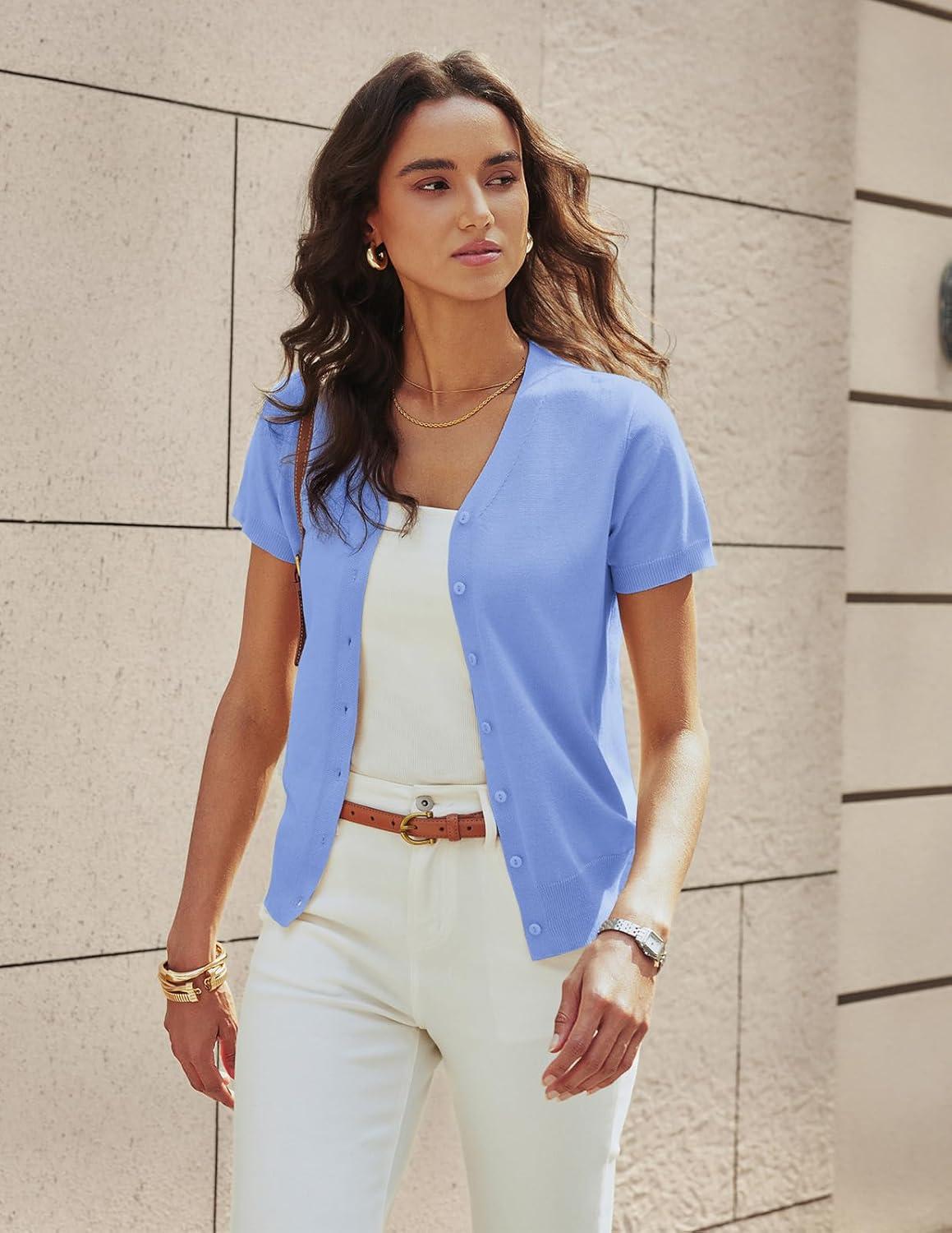 imageGRACE KARIN Womens Short Sleeve Cardigan Sweaters 2026 Summer Lightweight Cropped Cardigan V Neck Casual Clothing TopsSky Blue
