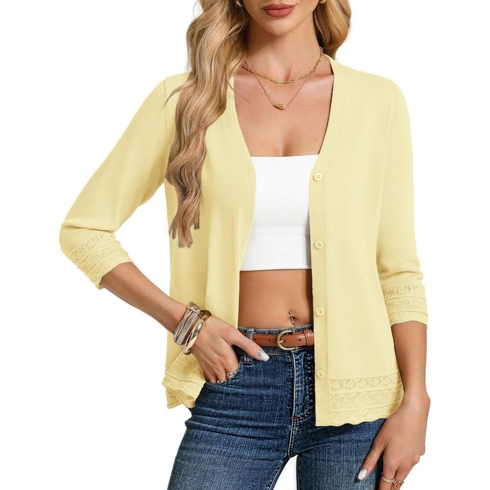 imageGRACE KARIN Cardigan Sweaters for Women Casual 34 Sleeve Lightweight Cardigans 2026 Summer Spring Button Down Sweater TopsButter Yellow