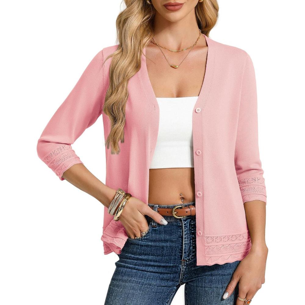 imageGRACE KARIN Cardigan Sweaters for Women Casual 34 Sleeve Lightweight Cardigans 2026 Summer Spring Button Down Sweater TopsLight Pink