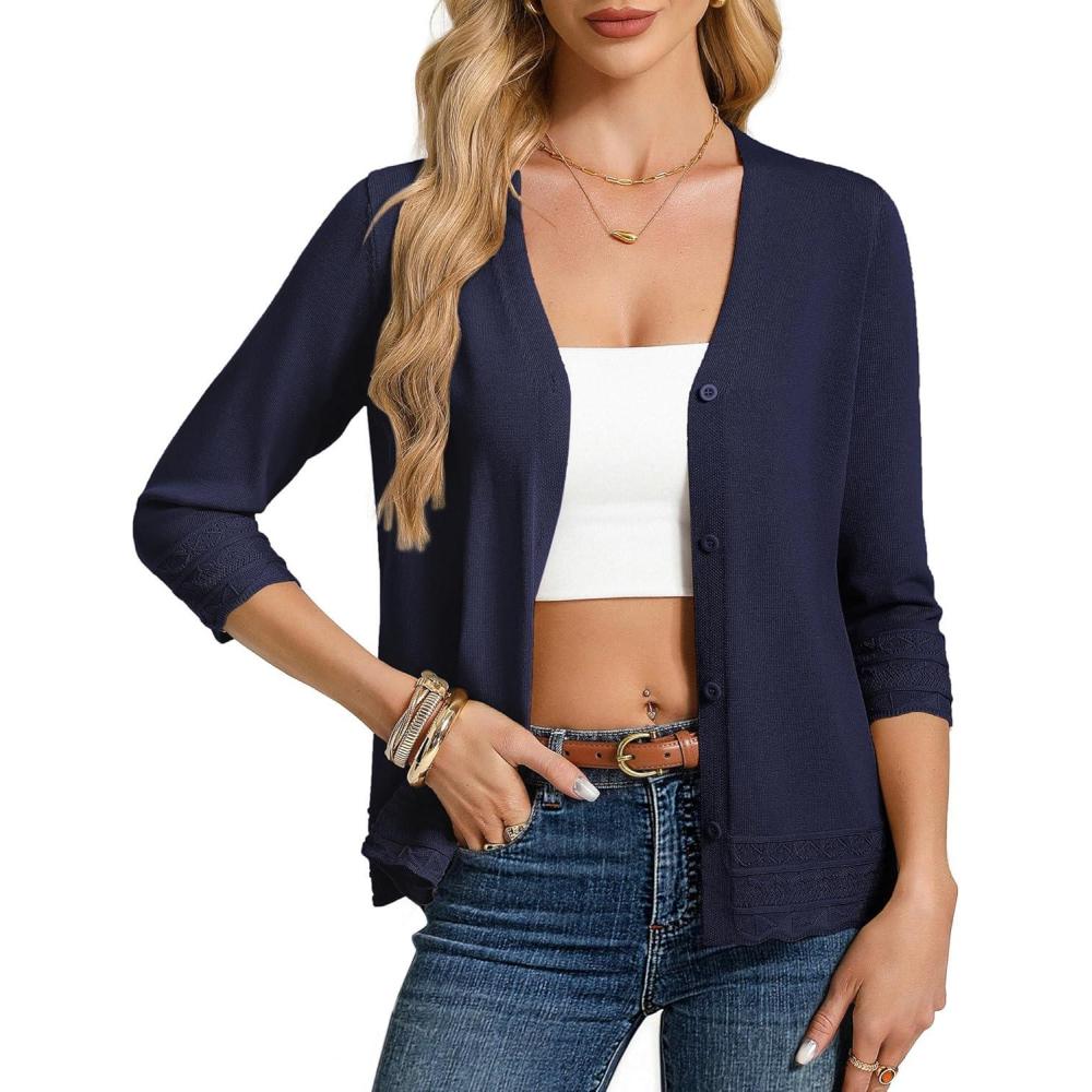 imageGRACE KARIN Cardigan Sweaters for Women Casual 34 Sleeve Lightweight Cardigans 2026 Summer Spring Button Down Sweater TopsNavy Blue