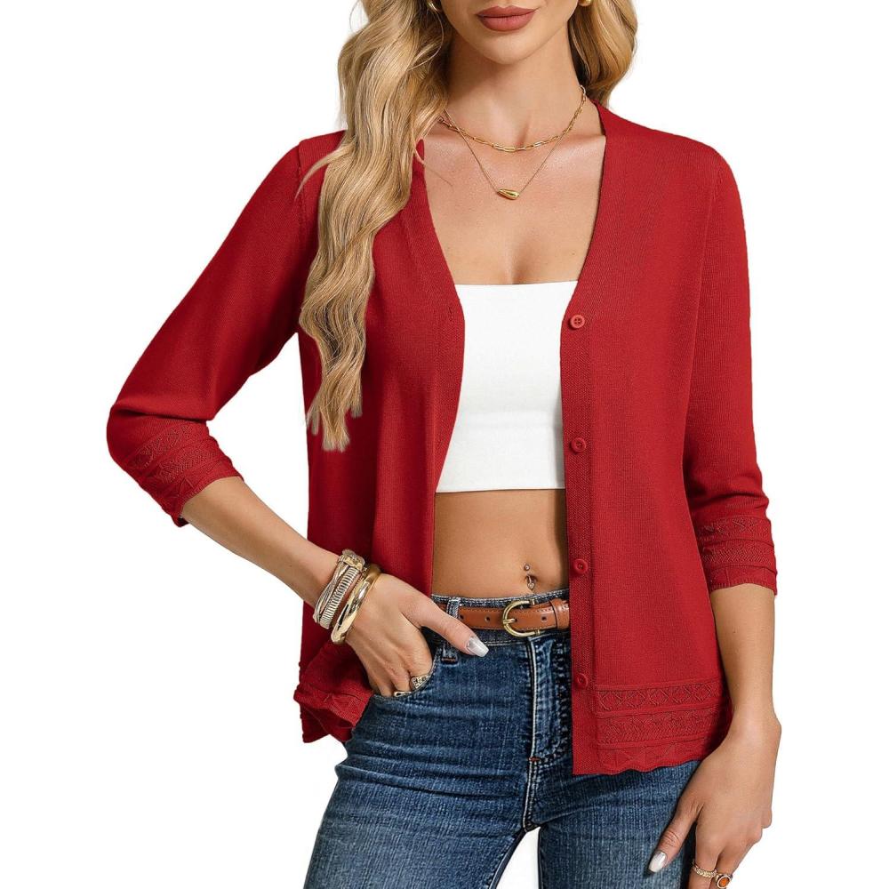 imageGRACE KARIN Cardigan Sweaters for Women Casual 34 Sleeve Lightweight Cardigans 2026 Summer Spring Button Down Sweater TopsRed