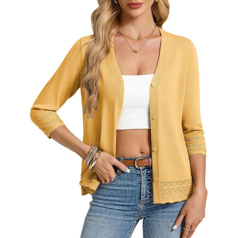 imageGRACE KARIN Cardigan Sweaters for Women Casual 34 Sleeve Lightweight Cardigans 2026 Summer Spring Button Down Sweater TopsYellow