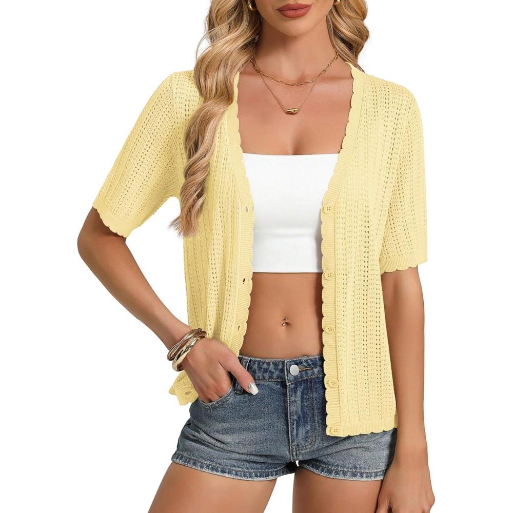 imageGRACE KARIN Short Sleeve Summer Cardigan Sweaters for Women 2026 Lightweight Shrug Crochet Beach Cover UpsLight Yellow