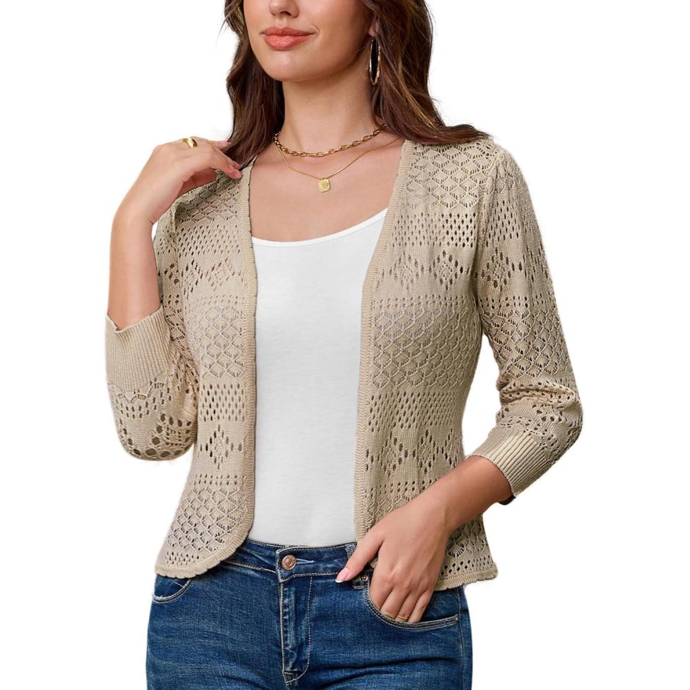 imageGRACE KARIN Women Lightweight Cardigan 34 Sleeve Cropped Crochet Bolero Shrug Summer Open Front Knit Sweaters for DressDark Apricot