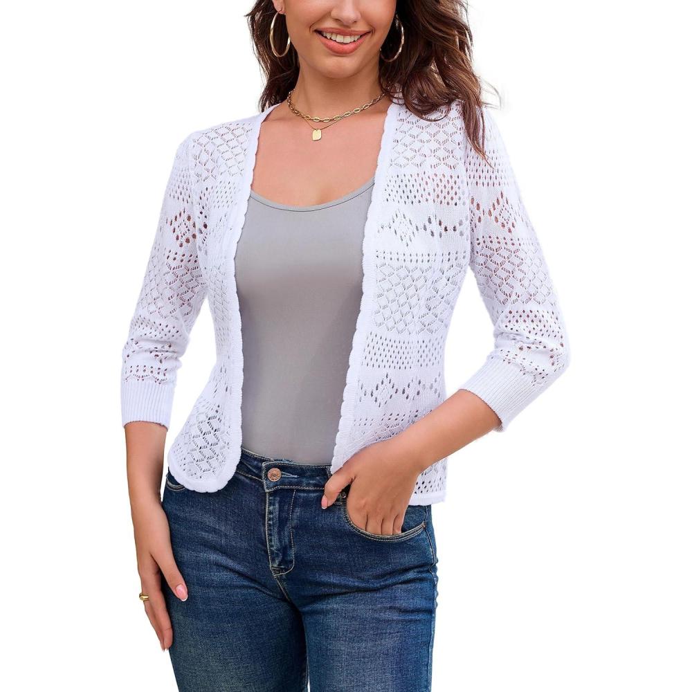 imageGRACE KARIN Women Lightweight Cardigan 34 Sleeve Cropped Crochet Bolero Shrug Summer Open Front Knit Sweaters for DressWhite