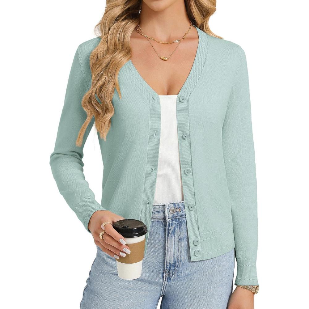 imageGRACE KARIN Womens Lightweight Cardigan Sweaters Trendy Button Up VNeck Knit Cardigans Shrug Spring Fashion ClothesMint Blue