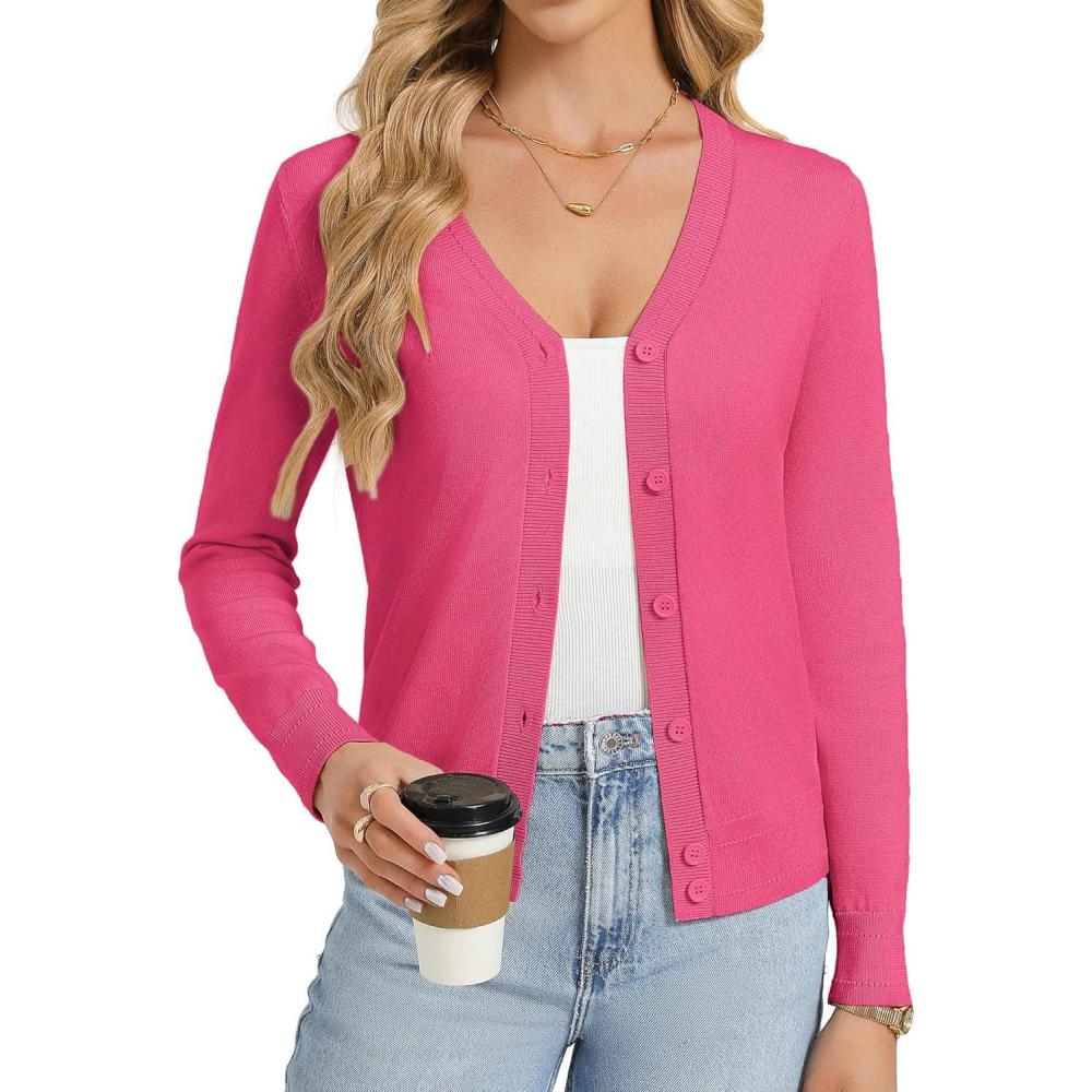 imageGRACE KARIN Womens Lightweight Cardigan Sweaters Trendy Button Up VNeck Knit Cardigans Shrug Spring Fashion ClothesRose Pink