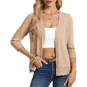GRACE KARIN Cardigan Sweaters for Women Casual 3/4 Sleeve Lightweight Cardigans 2026 Summer Spring Button Down Sweater Tops(Camel)