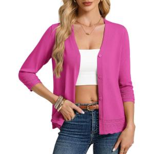 GRACE KARIN Cardigan Sweaters for Women Casual 3/4 Sleeve Lightweight Cardigans 2026 Summer Spring Button Down Sweater Tops(Hot Pink)