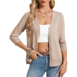 GRACE KARIN Cardigan Sweaters for Women Casual 3/4 Sleeve Lightweight Cardigans 2026 Summer Spring Button Down Sweater Tops(Khaki)