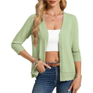 GRACE KARIN Cardigan Sweaters for Women Casual 3/4 Sleeve Lightweight Cardigans 2026 Summer Spring Button Down Sweater Tops(Light Green)
