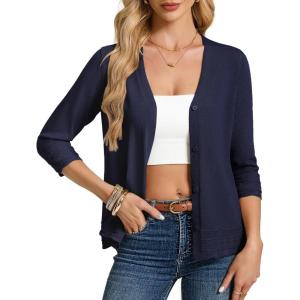 GRACE KARIN Cardigan Sweaters for Women Casual 3/4 Sleeve Lightweight Cardigans 2026 Summer Spring Button Down Sweater Tops(Navy Blue)