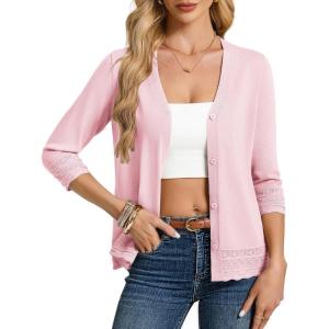 GRACE KARIN Cardigan Sweaters for Women Casual 3/4 Sleeve Lightweight Cardigans 2026 Summer Spring Button Down Sweater Tops(Pink)