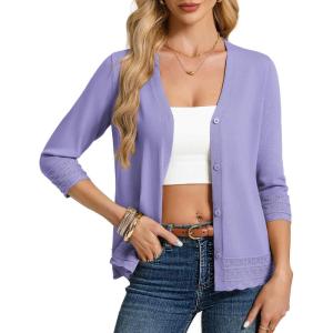 GRACE KARIN Cardigan Sweaters for Women Casual 3/4 Sleeve Lightweight Cardigans 2026 Summer Spring Button Down Sweater Tops(Purple)