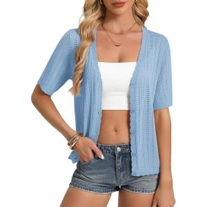 GRACE KARIN Short Sleeve Summer Cardigan Sweaters for Women 2026 Lightweight Shrug Crochet Beach Cover Ups(Light Blue)