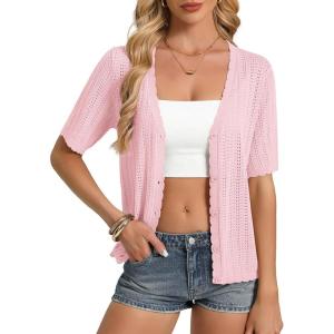 GRACE KARIN Short Sleeve Summer Cardigan Sweaters for Women 2026 Lightweight Shrug Crochet Beach Cover Ups(Pink)