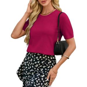 GRACE KARIN Short Sleeve Sweater for Women Spring Summer Cotton Tops 2026 Business Casual Fashion Clothing Work Outfits Shirt(Raspberry Pink)