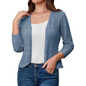 GRACE KARIN Women Lightweight Cardigan, 3/4 Sleeve Cropped Crochet Bolero Shrug, Summer Open Front Knit Sweaters for Dress(Aqua)