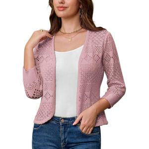 GRACE KARIN Women Lightweight Cardigan, 3/4 Sleeve Cropped Crochet Bolero Shrug, Summer Open Front Knit Sweaters for Dress(Gray Pink)