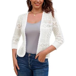 GRACE KARIN Women Lightweight Cardigan, 3/4 Sleeve Cropped Crochet Bolero Shrug, Summer Open Front Knit Sweaters for Dress(Ivory White)