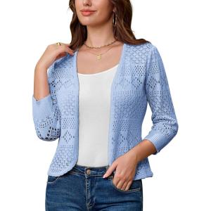 GRACE KARIN Women Lightweight Cardigan, 3/4 Sleeve Cropped Crochet Bolero Shrug, Summer Open Front Knit Sweaters for Dress(Pale Blue)