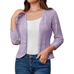 GRACE KARIN Women Lightweight Cardigan, 3/4 Sleeve Cropped Crochet Bolero Shrug, Summer Open Front Knit Sweaters for Dress(Pink Purple)
