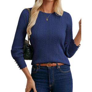 GRACE KARIN Women Long Sleeve Sweater Cable Knit Crewneck Sweater Lightweight Knit Pullover Tops with Decorative Buttons(Navy Blue)
