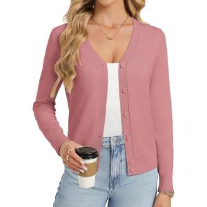 GRACE KARIN Womens Lightweight Cardigan Sweaters Trendy Button Up V-Neck Knit Cardigans Shrug Spring Fashion Clothes(Dusty Pink)
