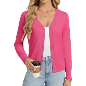 GRACE KARIN Womens Lightweight Cardigan Sweaters Trendy Button Up V-Neck Knit Cardigans Shrug Spring Fashion Clothes(Rose Pink)