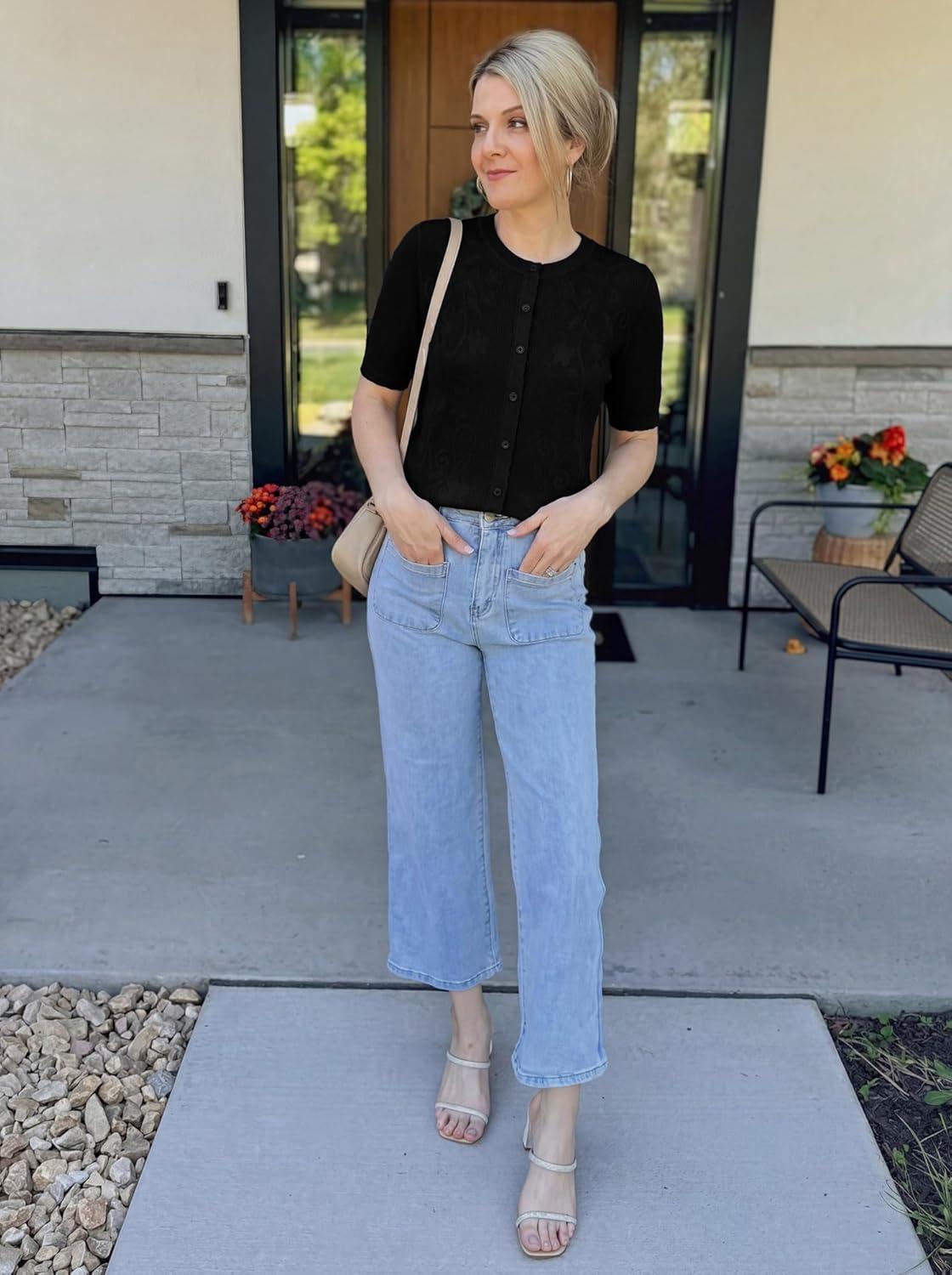 imageGRACE KARIN Short Sleeve Summer Cardigan for Women Lightweight Cropped Cardigan Sweater Button Shrugs for Dress TrendyBlack