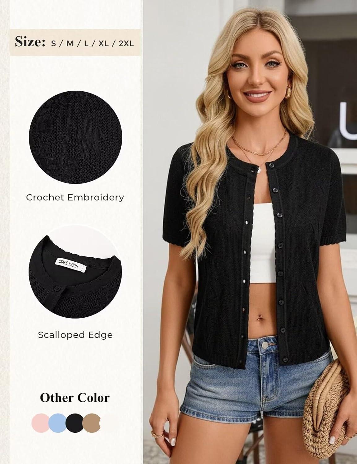 imageGRACE KARIN Short Sleeve Summer Cardigan for Women Lightweight Cropped Cardigan Sweater Button Shrugs for Dress TrendyBlack