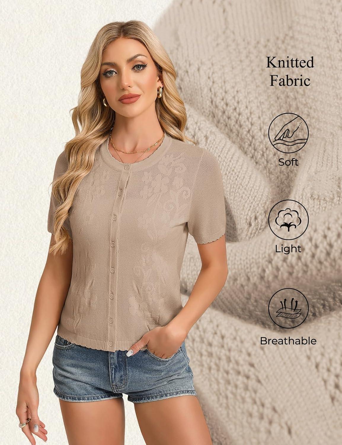imageGRACE KARIN Short Sleeve Summer Cardigan for Women Lightweight Cropped Cardigan Sweater Button Shrugs for Dress TrendyDark Khaki