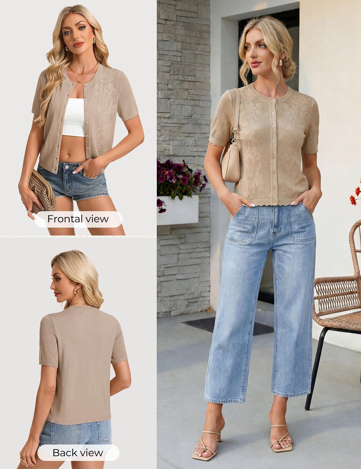 imageGRACE KARIN Short Sleeve Summer Cardigan for Women Lightweight Cropped Cardigan Sweater Button Shrugs for Dress TrendyDark Khaki