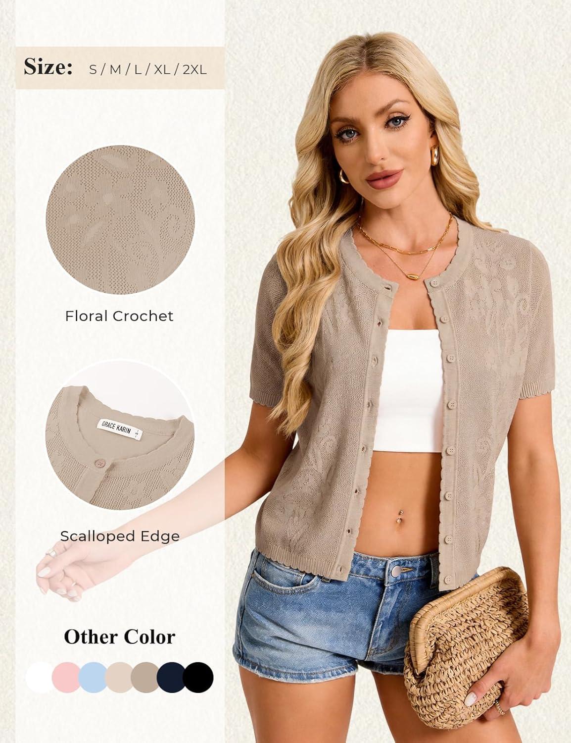 imageGRACE KARIN Short Sleeve Summer Cardigan for Women Lightweight Cropped Cardigan Sweater Button Shrugs for Dress TrendyDark Khaki