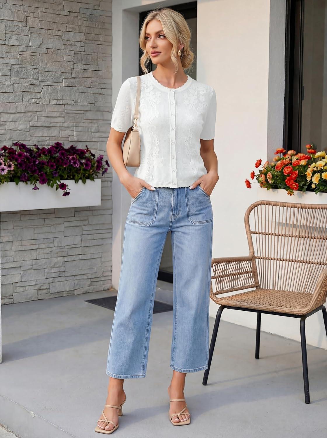 imageGRACE KARIN Short Sleeve Summer Cardigan for Women Lightweight Cropped Cardigan Sweater Button Shrugs for Dress TrendyIvory