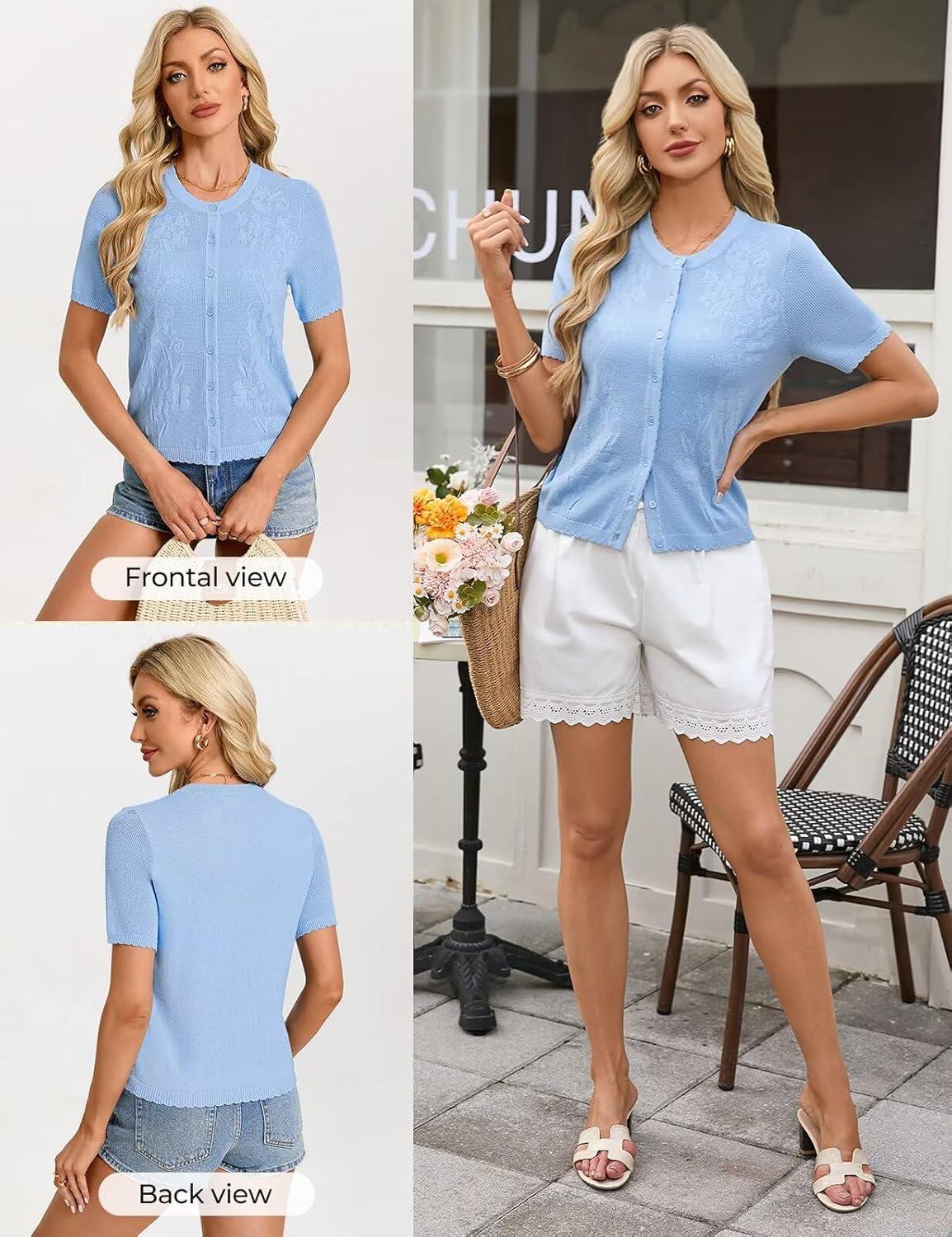 imageGRACE KARIN Short Sleeve Summer Cardigan for Women Lightweight Cropped Cardigan Sweater Button Shrugs for Dress TrendyLight Blue