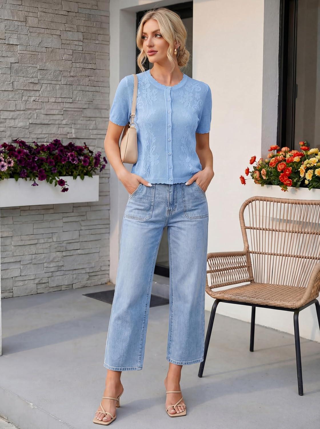 imageGRACE KARIN Short Sleeve Summer Cardigan for Women Lightweight Cropped Cardigan Sweater Button Shrugs for Dress TrendyLight Blue