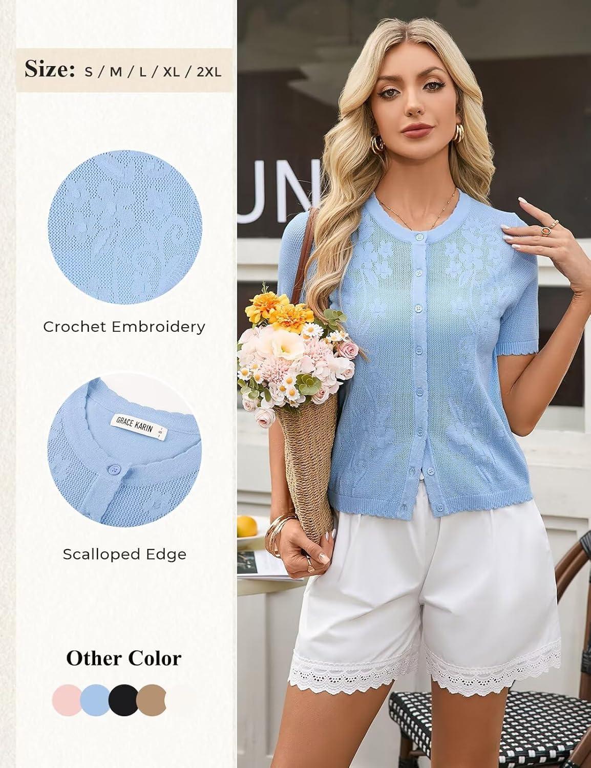 imageGRACE KARIN Short Sleeve Summer Cardigan for Women Lightweight Cropped Cardigan Sweater Button Shrugs for Dress TrendyLight Blue