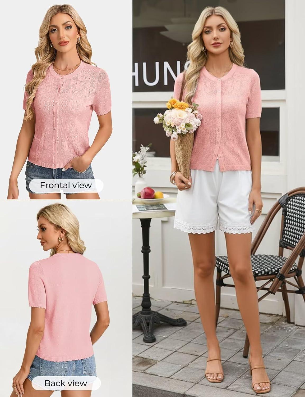 imageGRACE KARIN Short Sleeve Summer Cardigan for Women Lightweight Cropped Cardigan Sweater Button Shrugs for Dress TrendyLight Pink