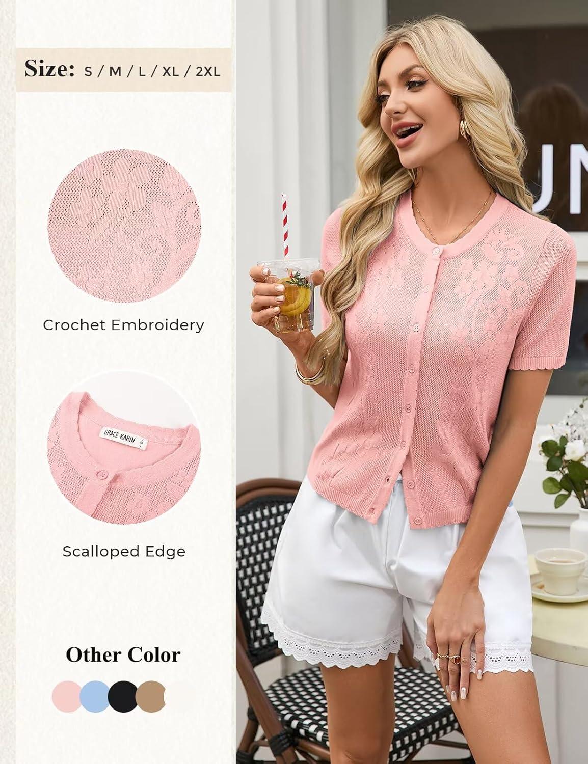 imageGRACE KARIN Short Sleeve Summer Cardigan for Women Lightweight Cropped Cardigan Sweater Button Shrugs for Dress TrendyLight Pink