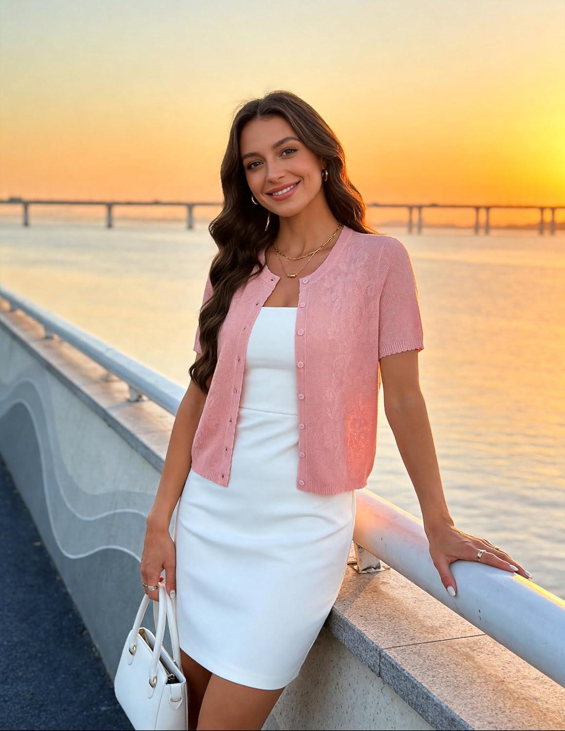 imageGRACE KARIN Short Sleeve Summer Cardigan for Women Lightweight Cropped Cardigan Sweater Button Shrugs for Dress TrendyLight Pink