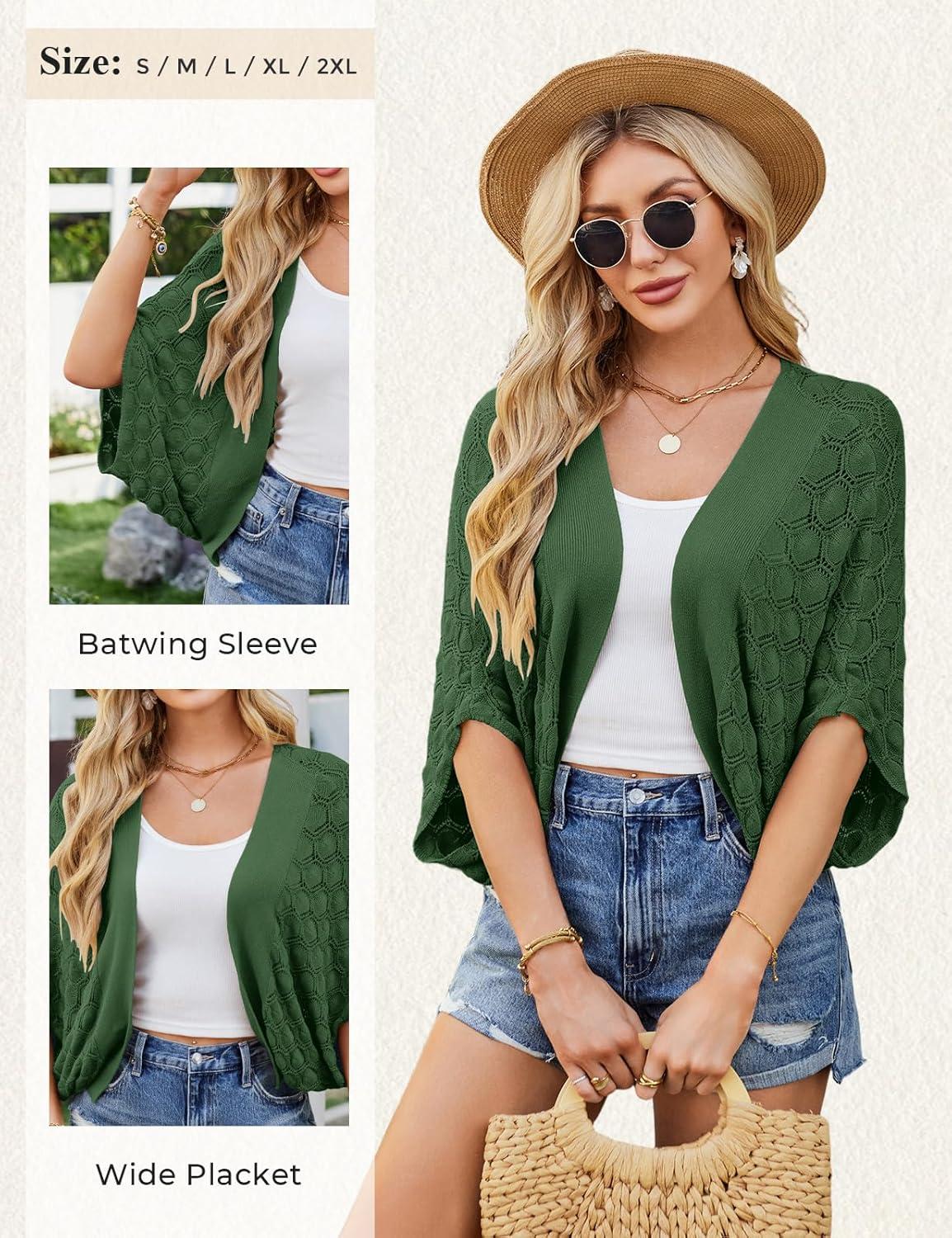 imageGRACE KARIN Summer Cropped Cardigan for Women 2026 Batwing Sleeve Crochet Bolero Shrug Sweaters Lightweight Beach Boho KimonoArmy Green
